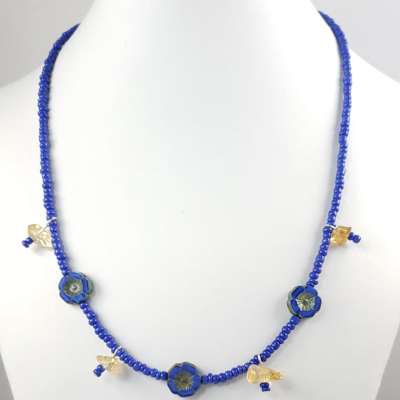 Blue Necklace with Citrine chips & Flower Czech Glass